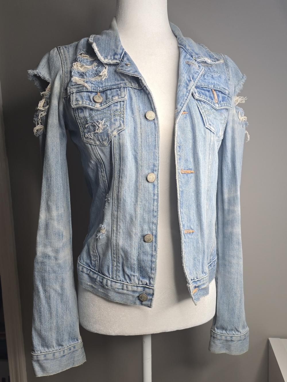 Y2K Abercrombie & Fitch Distressed Denim Jacket Light Wash Destroyed Grunge